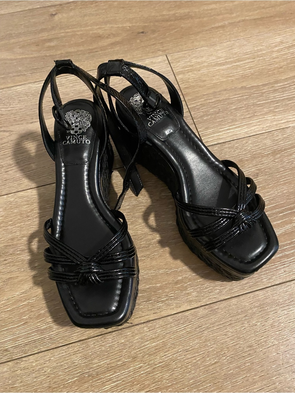 Vince Camuto Black Knotted Strappy Wedge Sandals